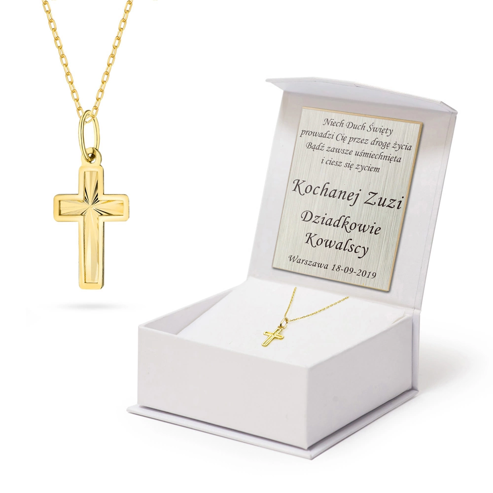 Złoty komplet mały krzyżyk diamentowany na łańcuszku ankier Komunia Chrzest